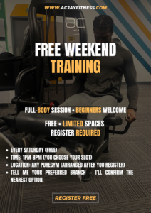 Free weekend training poster – saturday, 1pm - 8pm, pure gym