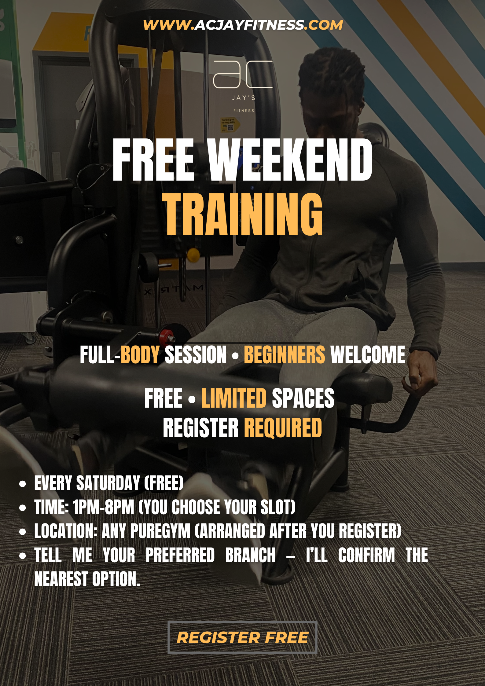 Free weekend training poster – saturday, 1pm - 8pm, pure gym